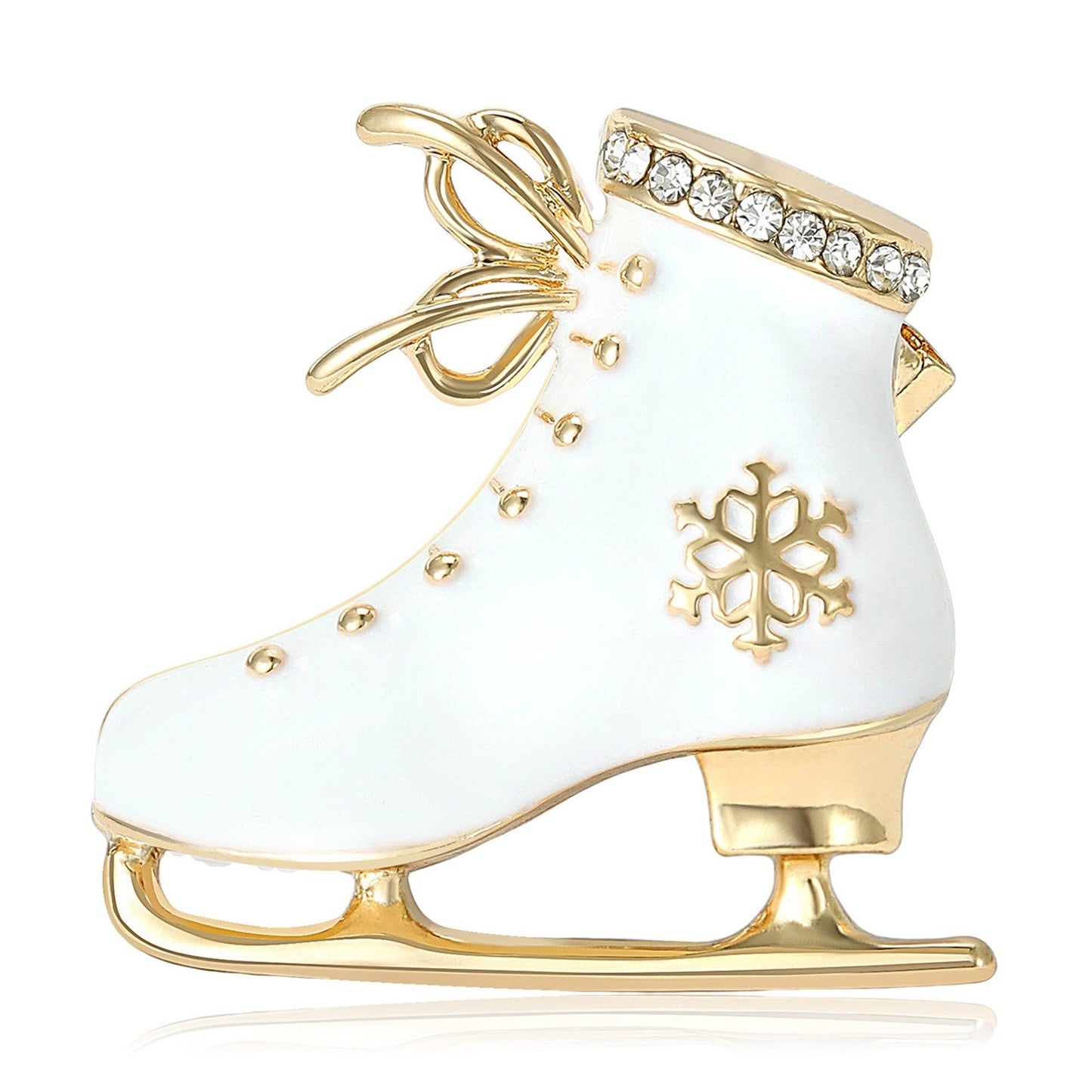 Vintage Schlittschuhbrosche Weiß-Gold – Frontansicht weißer Hintergrund