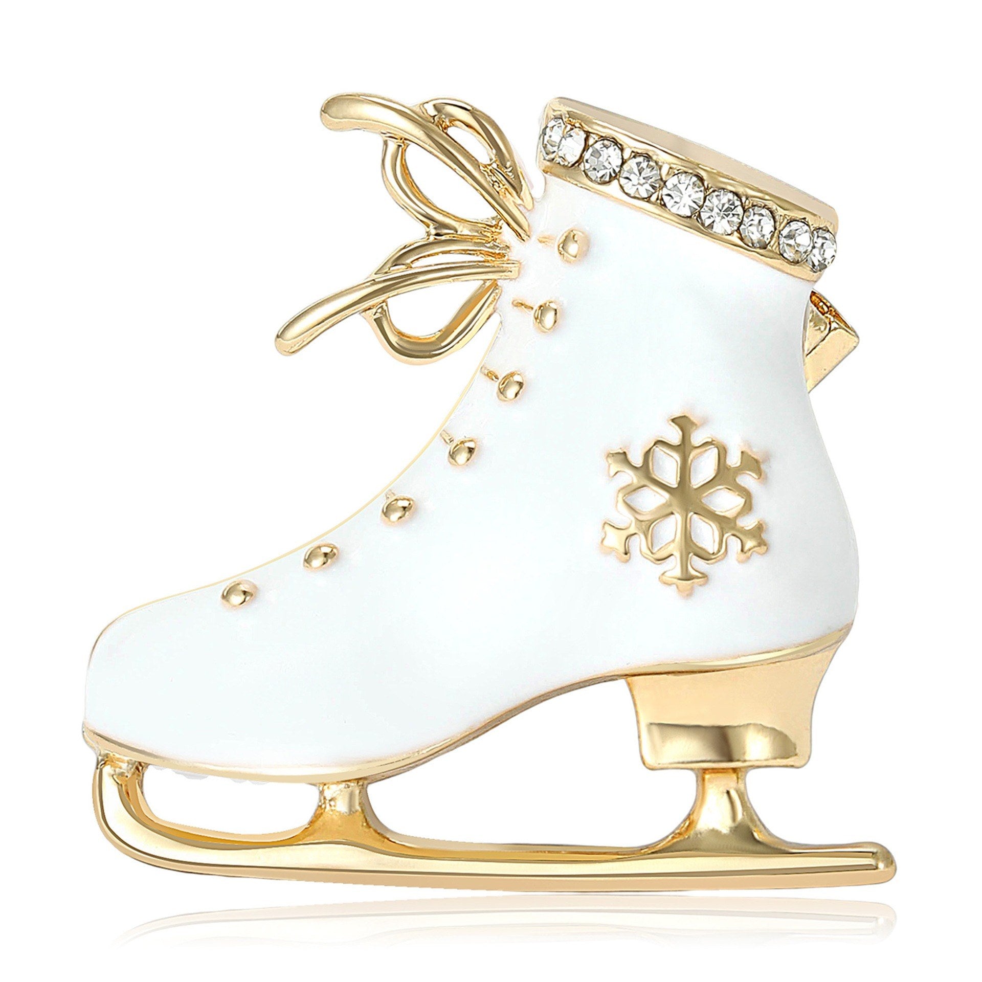 Vintage Schlittschuhbrosche Weiß-Gold – Frontansicht weißer Hintergrund