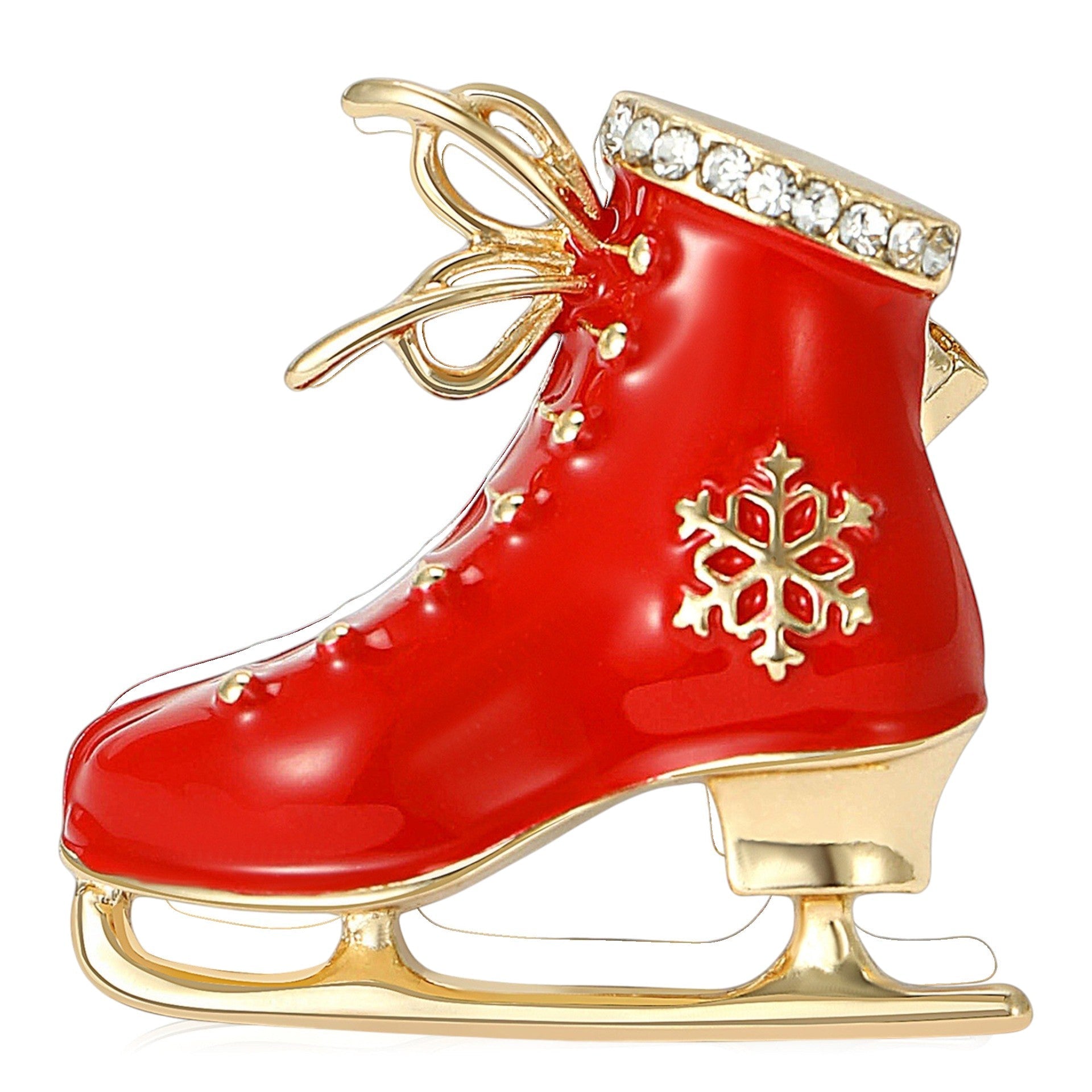 Vintage Schlittschuhbrosche Rot-Gold – Frontansicht weißer Hintergrund 2