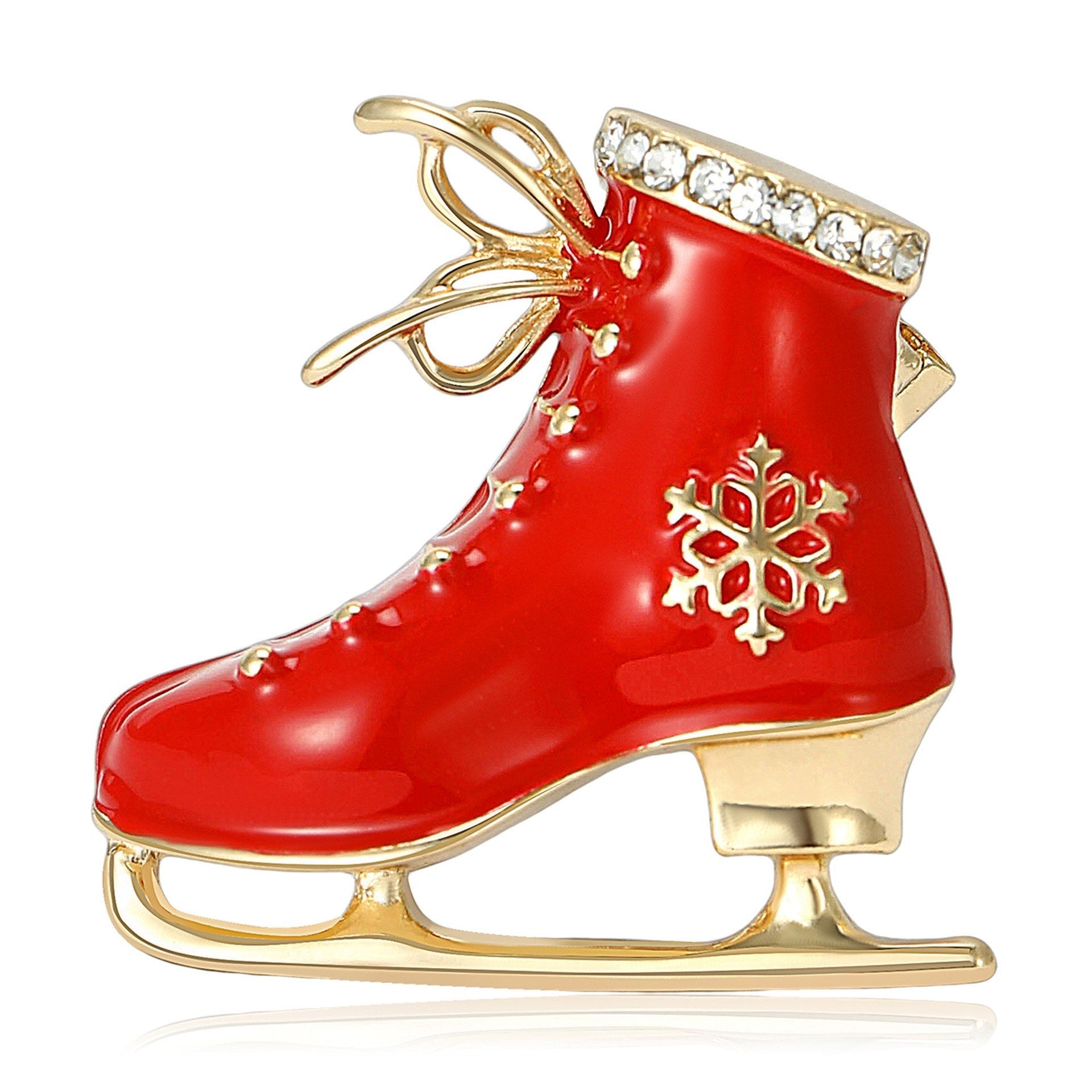 Vintage Schlittschuhbrosche Rot-Gold – Frontansicht weißer Hintergrund