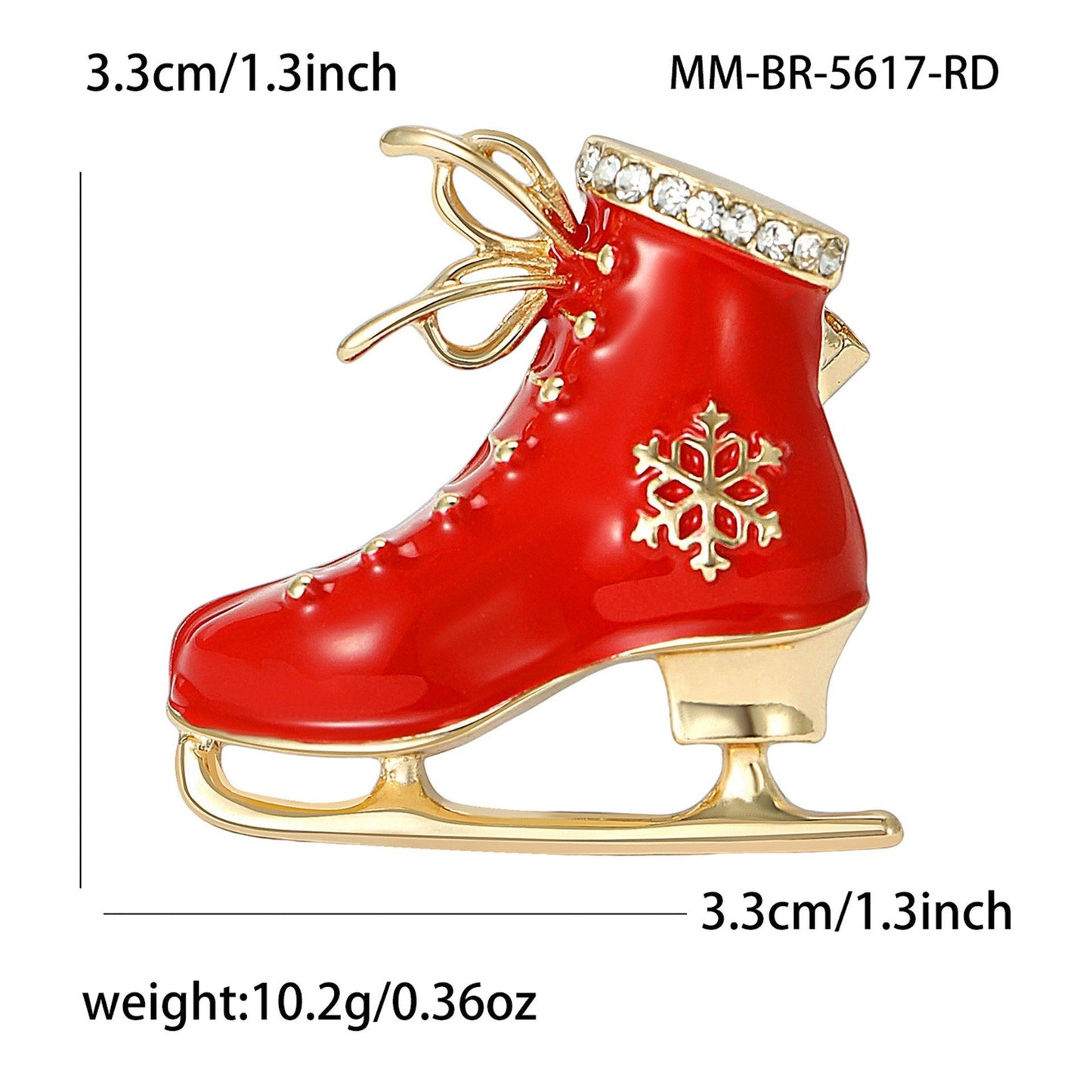 Vintage Schlittschuhbrosche Rot-Gold – Schrägansicht weißer Hintergrund