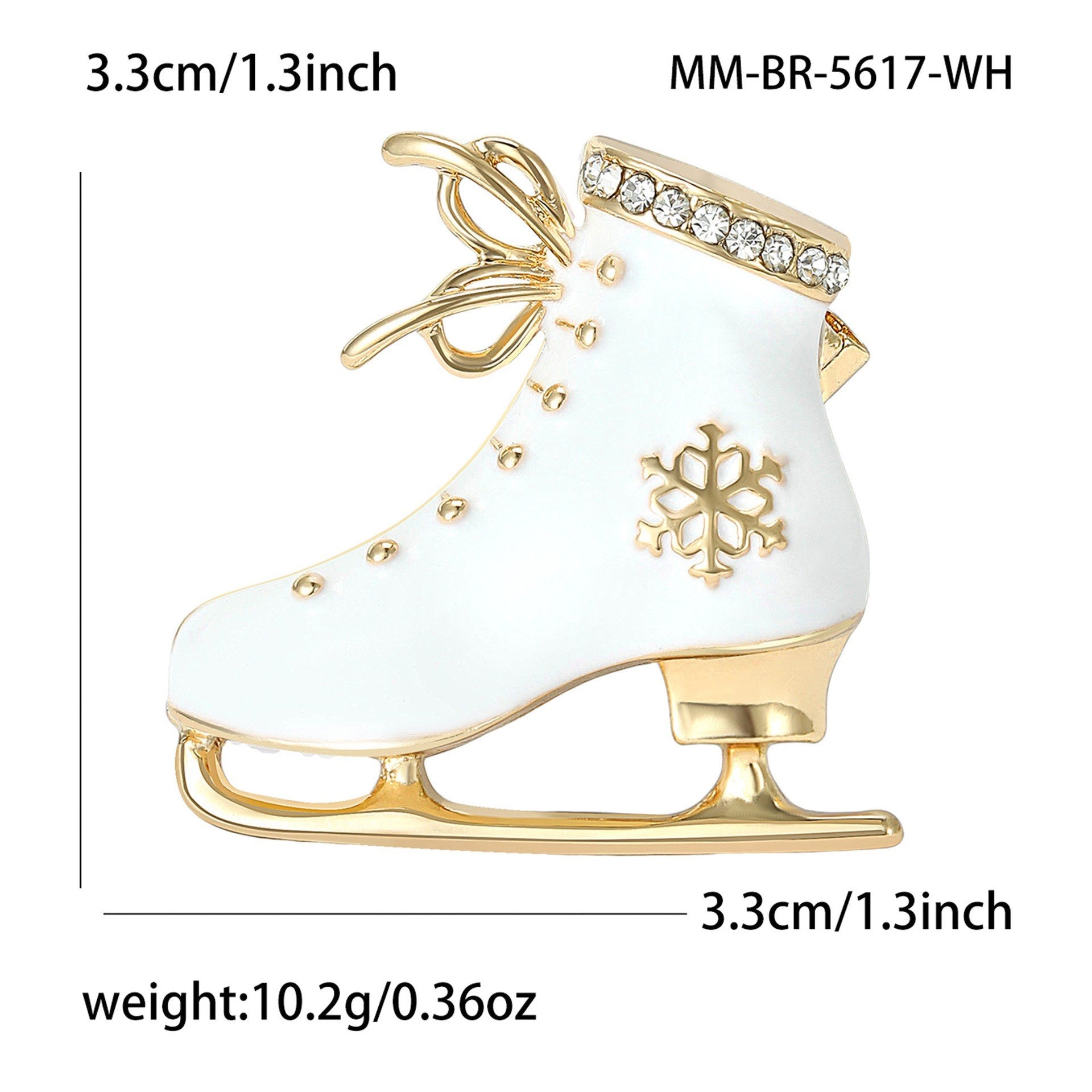 Vintage Schlittschuhbrosche Weiß-Gold – Seitenansicht weißer Hintergrund