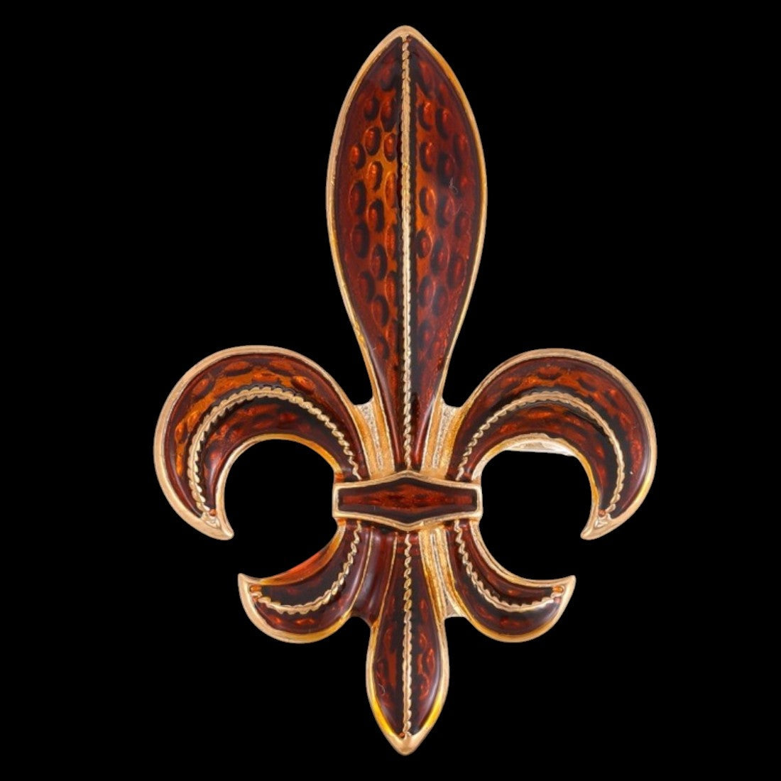 Fleur-de-Lis Brosche braun/gold mit Maßangaben 3,5 × 5,2 cm