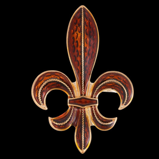 Fleur-de-Lis Brosche braun/gold mit Maßangaben 3,5 × 5,2 cm