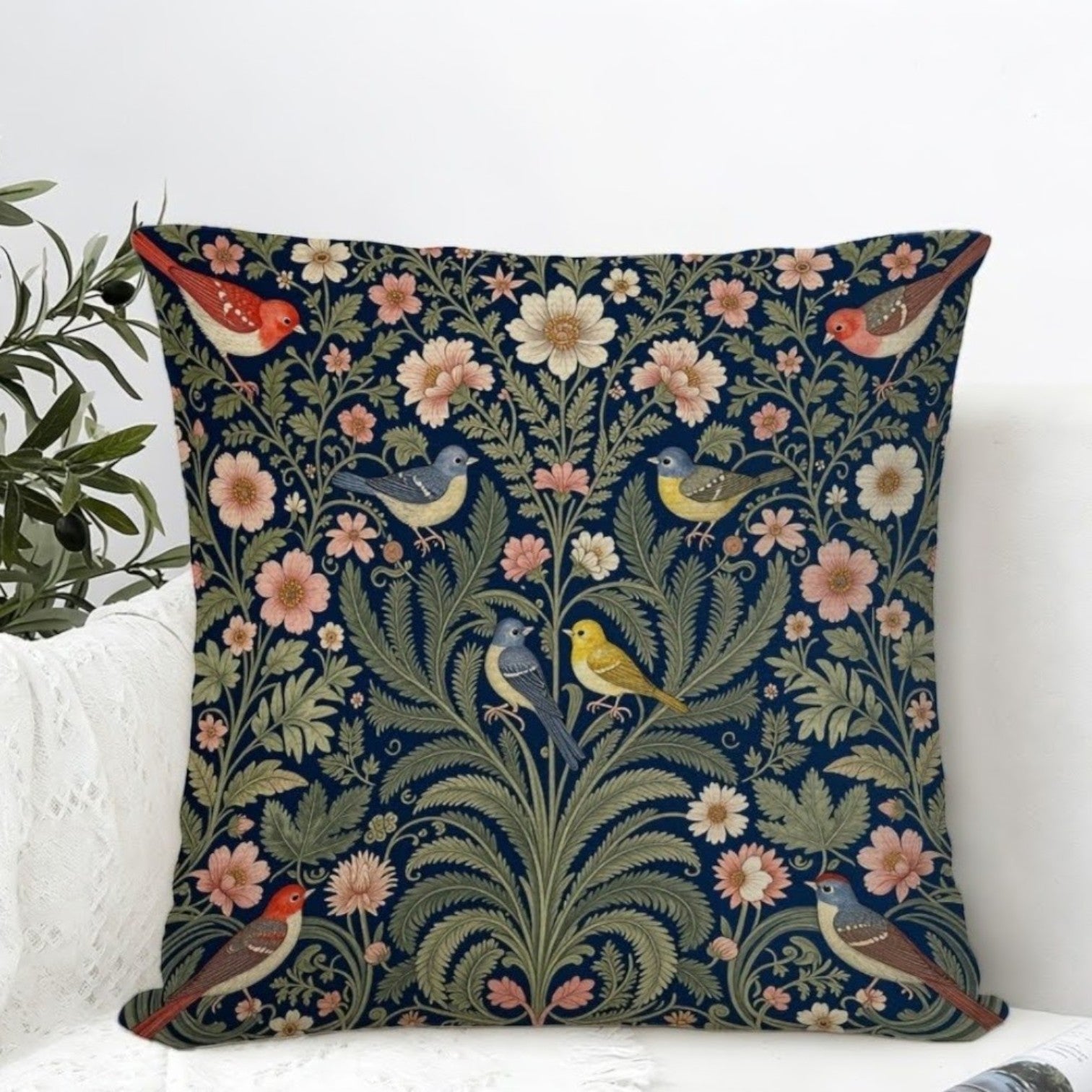 Dekokissen Garden Birds Dark Navy – Lifestyle weißer Sessel mit Olivenzweig
