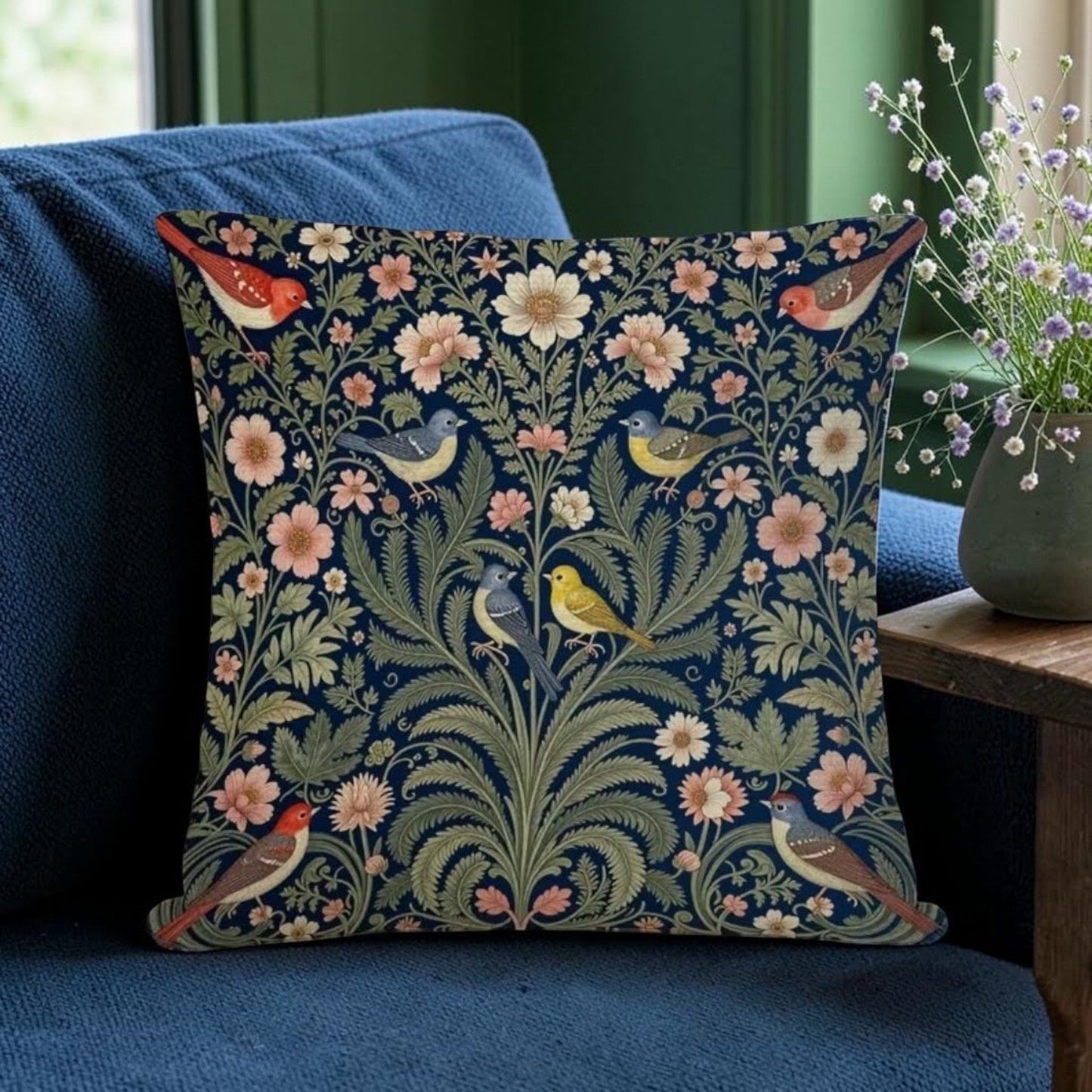 Dekokissen Garden Birds Dark Navy – Lifestyle blauer Sessel