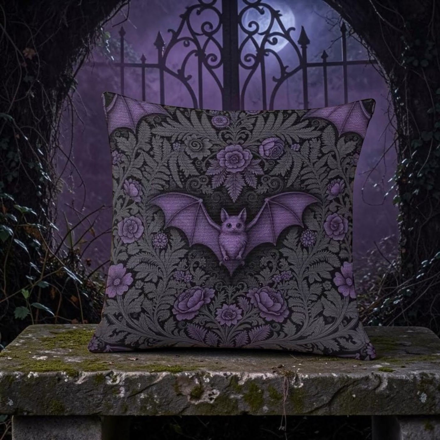 Dekokissen Gothic Bat Purple – Lifestyle Gothic Garten bei Nacht