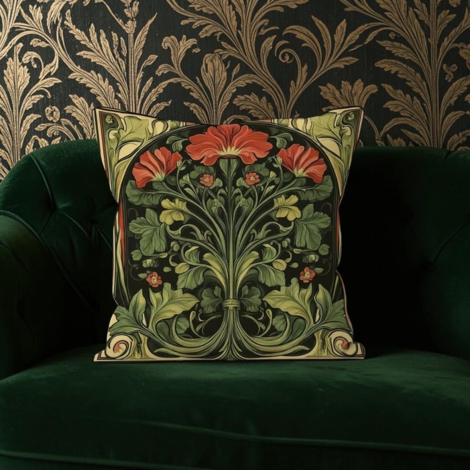 Dekokissen Dark Poppy Jugendstil – Lifestyle smaragdgrünes Samtsofa