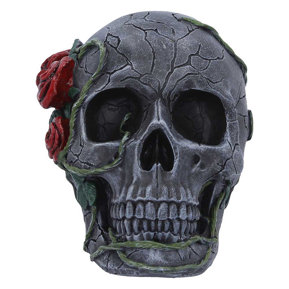 Twilight Bloom – Kleiner Totenschädel mit roten Rosen Gothic Dekofigur Skull 15 cm