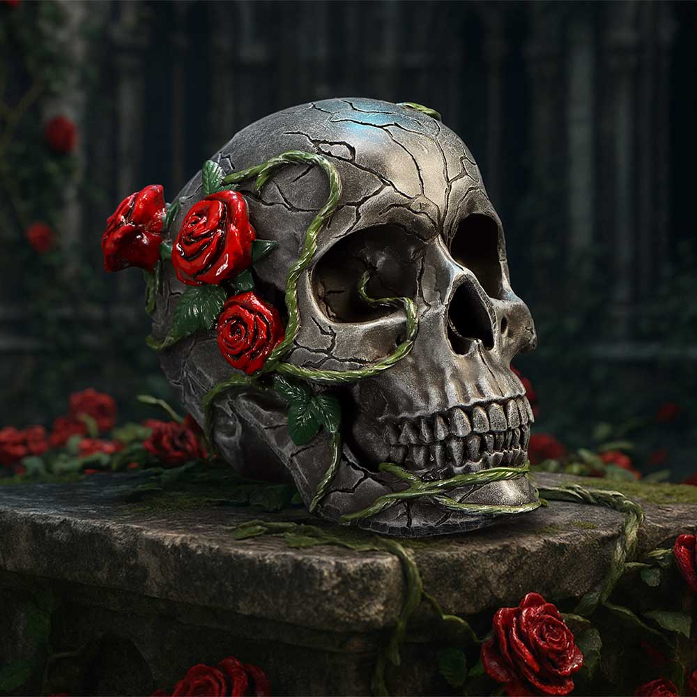 Twilight Bloom – Kleiner Totenschädel mit roten Rosen Gothic Dekofigur Skull 15 cm