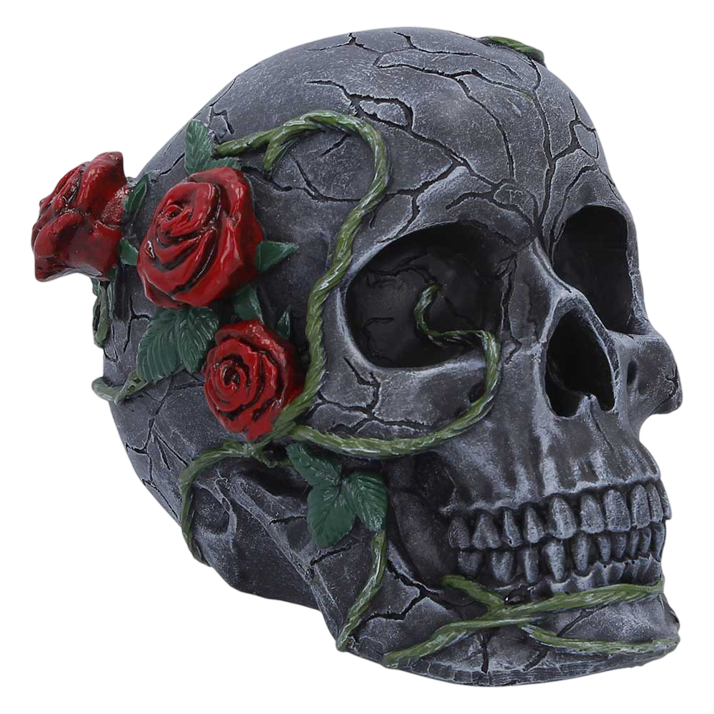 Twilight Bloom – Kleiner Totenschädel mit roten Rosen Gothic Dekofigur Skull 15 cm
