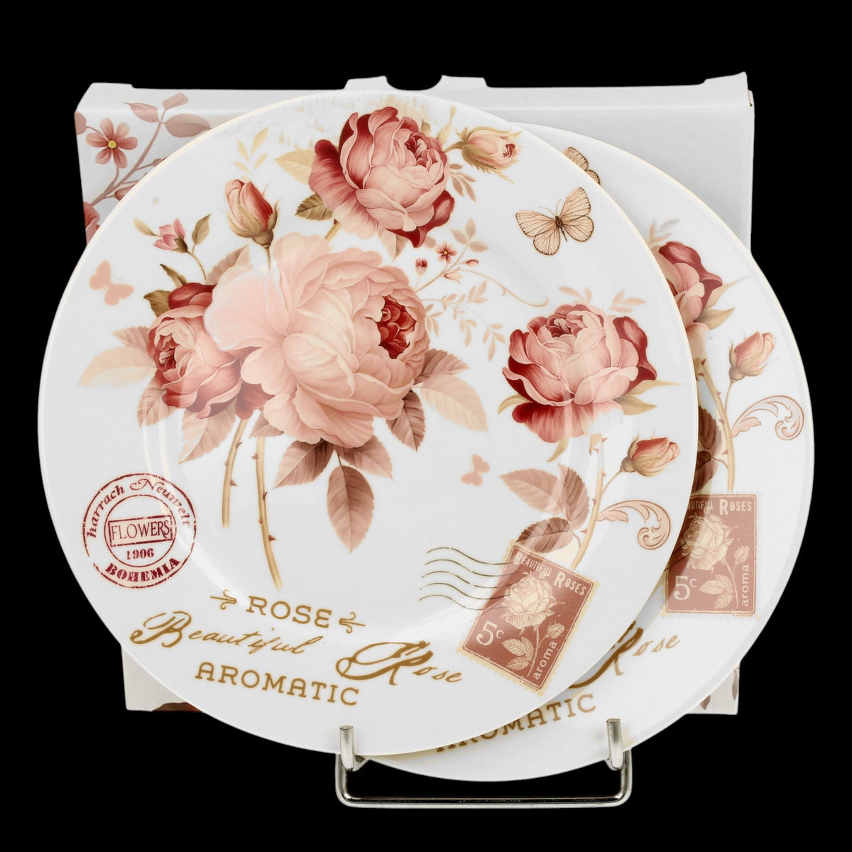 Dessertteller-Set Secesja Kwiaty Classic, 2 Stück, Rosen-Motiv, New Bone China