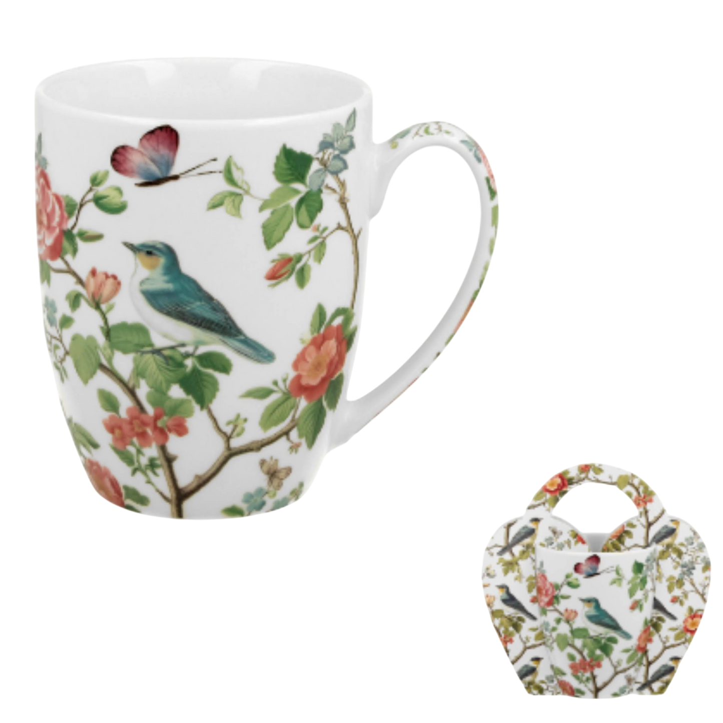 Duo Tasse Crocus Porzellanbecher Vögel & Rosen 350ml im Herzkörbchen