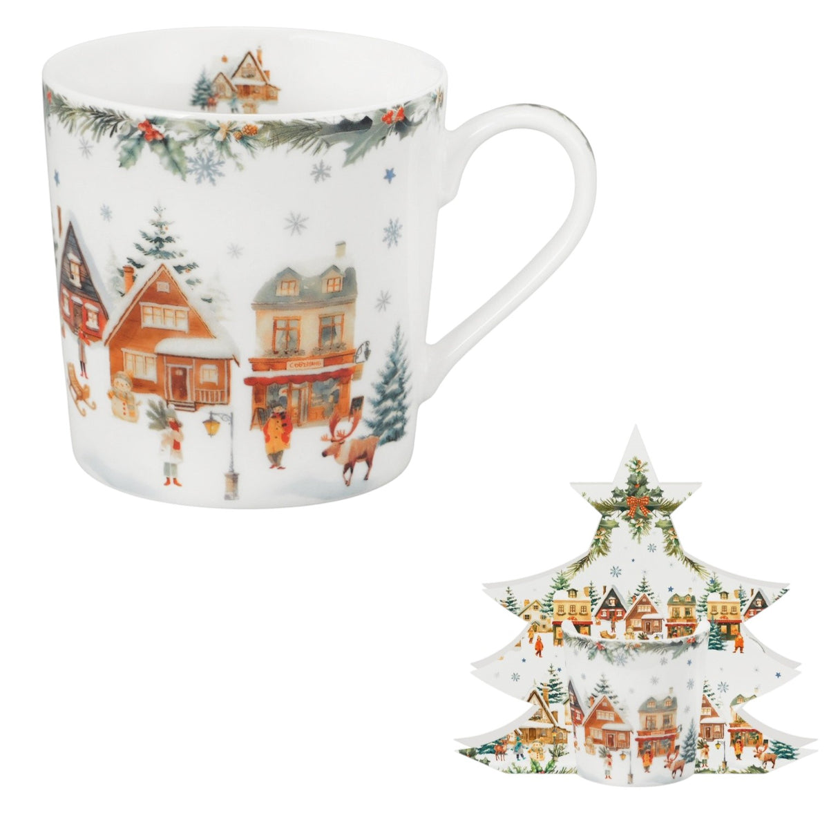 Christmas Village Weihnachtstasse in Tannenbaum-Geschenkbox Weihnachtsdorf Tasse 360 ml
