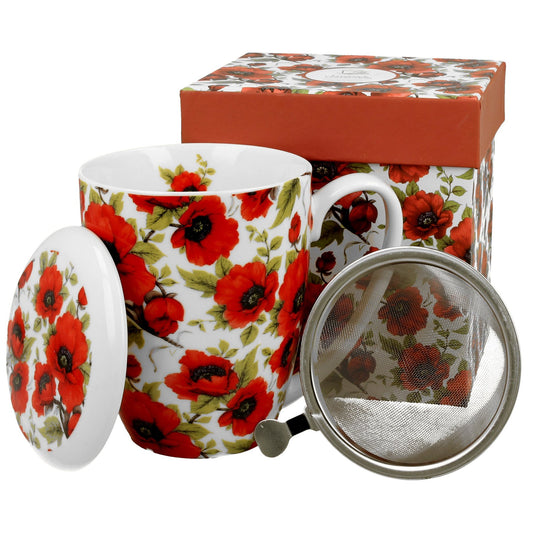 Duo Tasse vintage Blumen rot 320 ml mit Teesieb