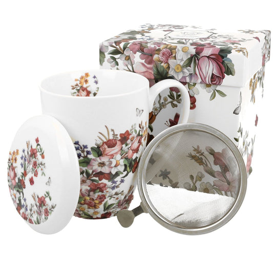 Duo Tasse Vintage Flowers weiß mit Teesieb 320 ml