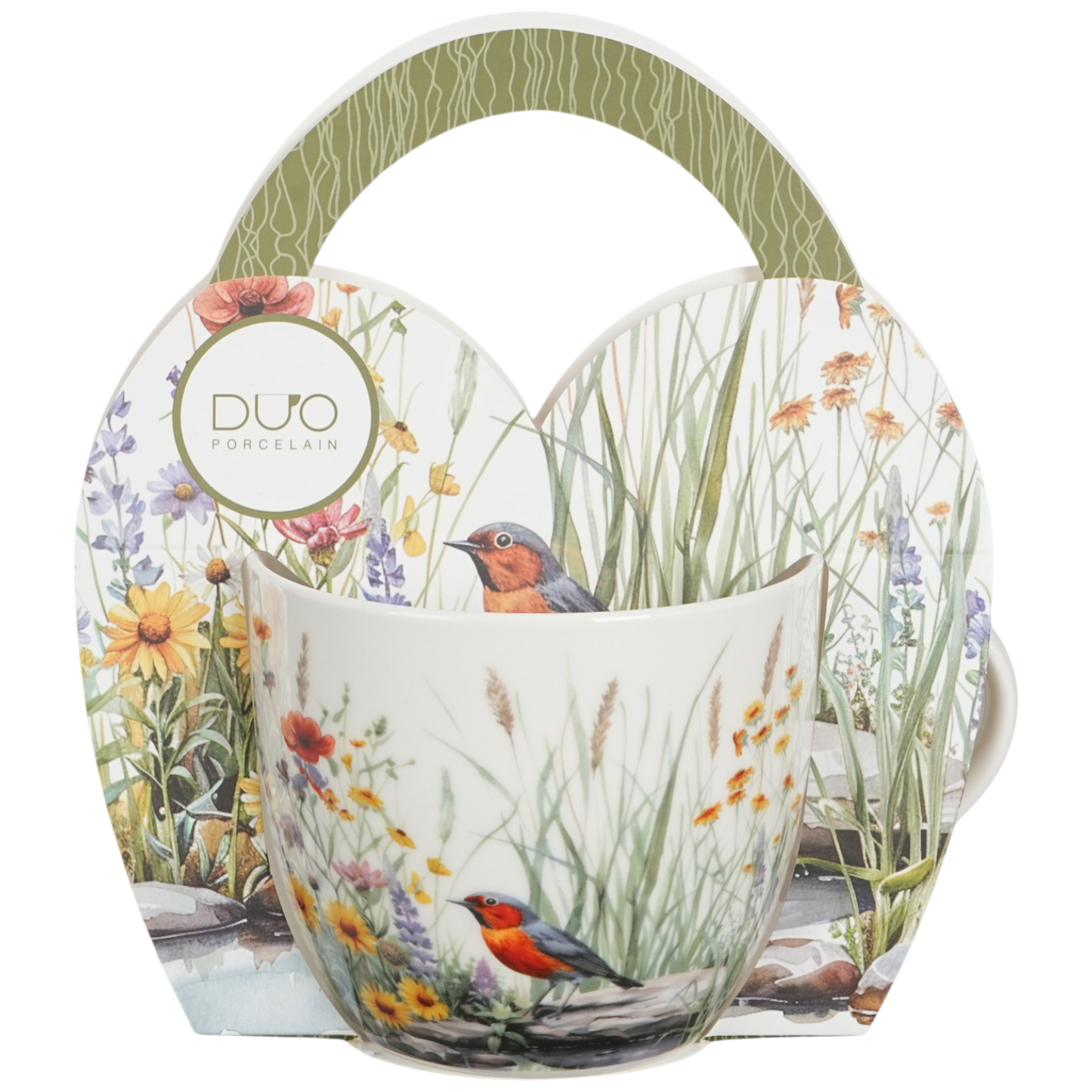 DUO Tasse Juli 460ml im Herzkörbchen Rotkehlchen & Wildblumen Vögel