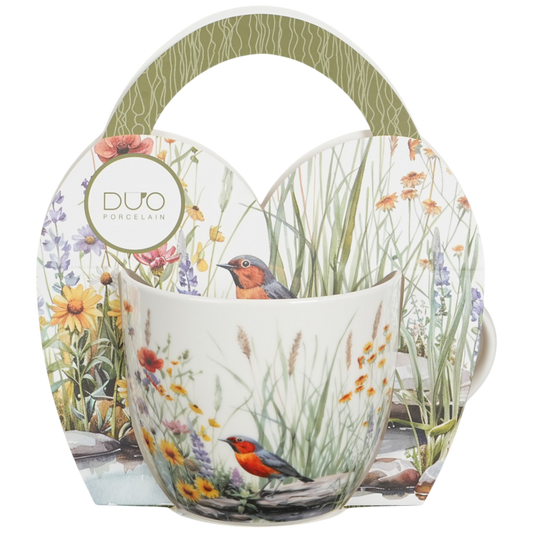 DUO Tasse Juli 460ml im Herzkörbchen Rotkehlchen & Wildblumen Vögel