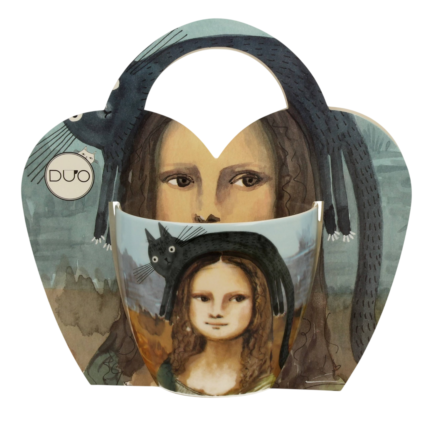 DUO Porcelain Becher Tasse Mona Lisa mit Katze – Geschenkbox Gemälde