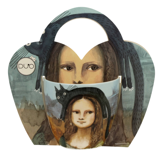 DUO Porcelain Becher Tasse Mona Lisa mit Katze – Geschenkbox Gemälde