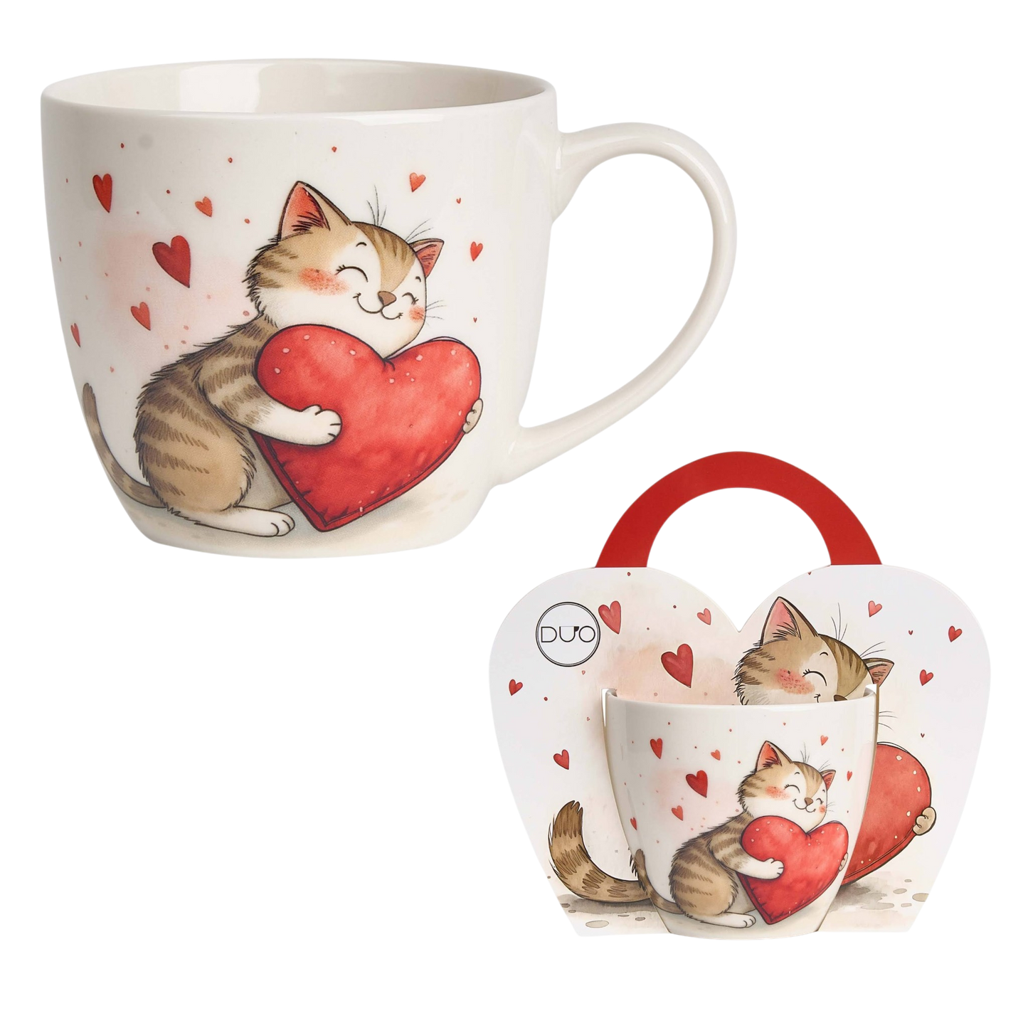 Niedliche DUO Porcelain Becher Tasse Katze mit Herz – Herzbox Geschenkidee