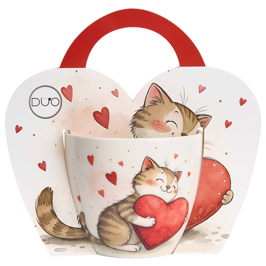 Niedliche DUO Porcelain Becher Tasse Katze mit Herz – Herzbox Geschenkidee