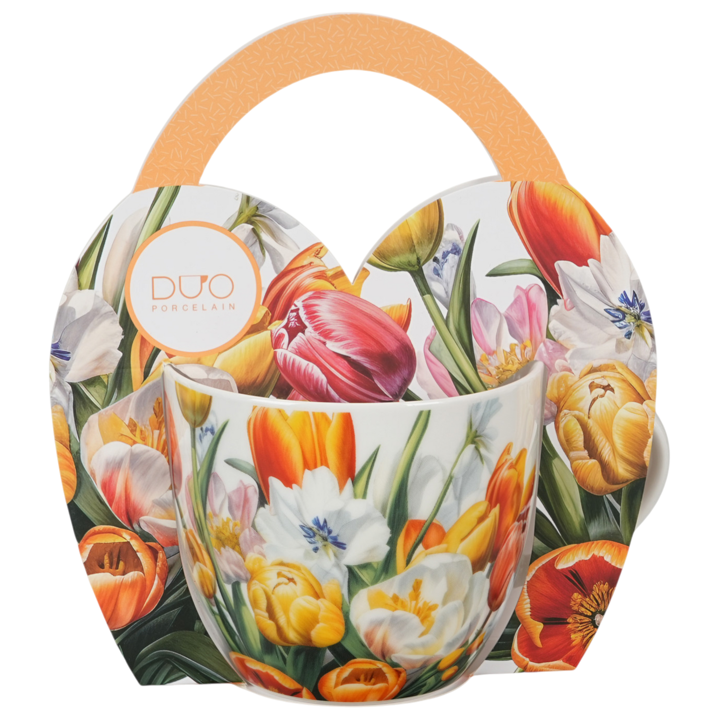 DUO Porcelain Tasse Tulpen 460ml im Körbchen Geschenk Kaffeetasse