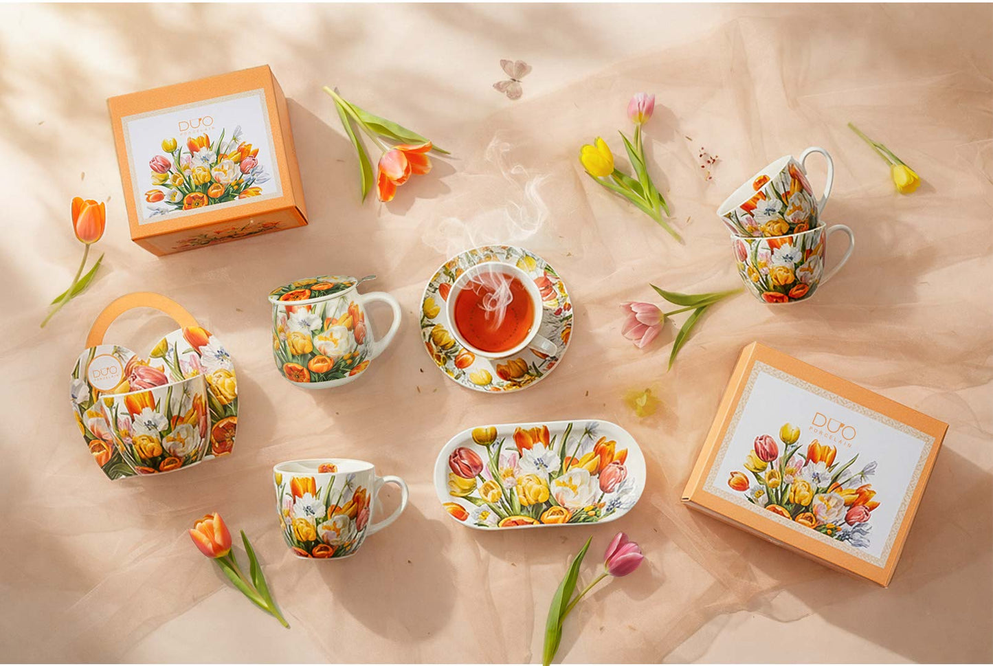 DUO Porcelain Tasse Tulpen 460ml im Körbchen Geschenk Kaffeetasse