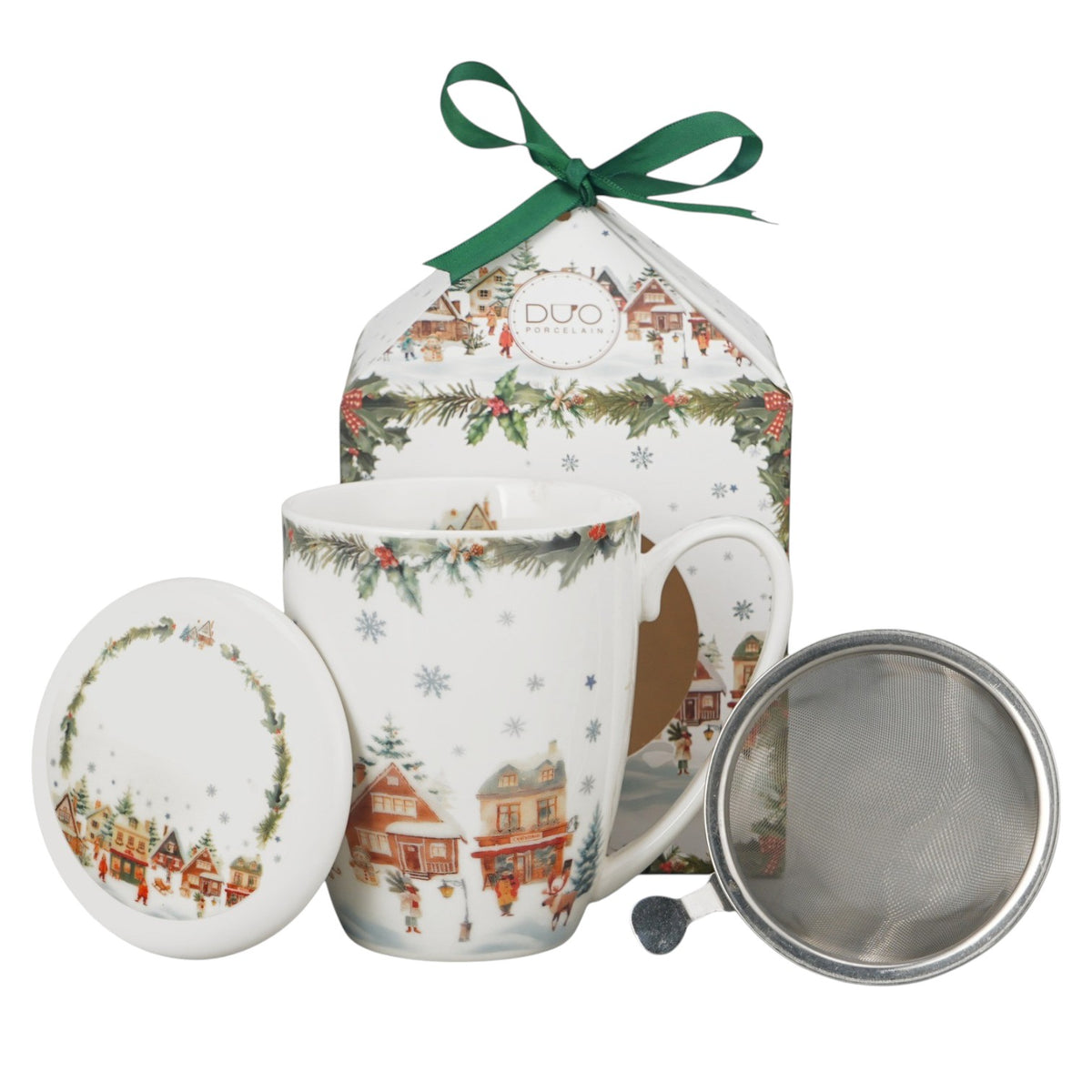 Christmas Village Teebecher mit Deckel und Teesieb Weihnachtsdorf vintage Tasse