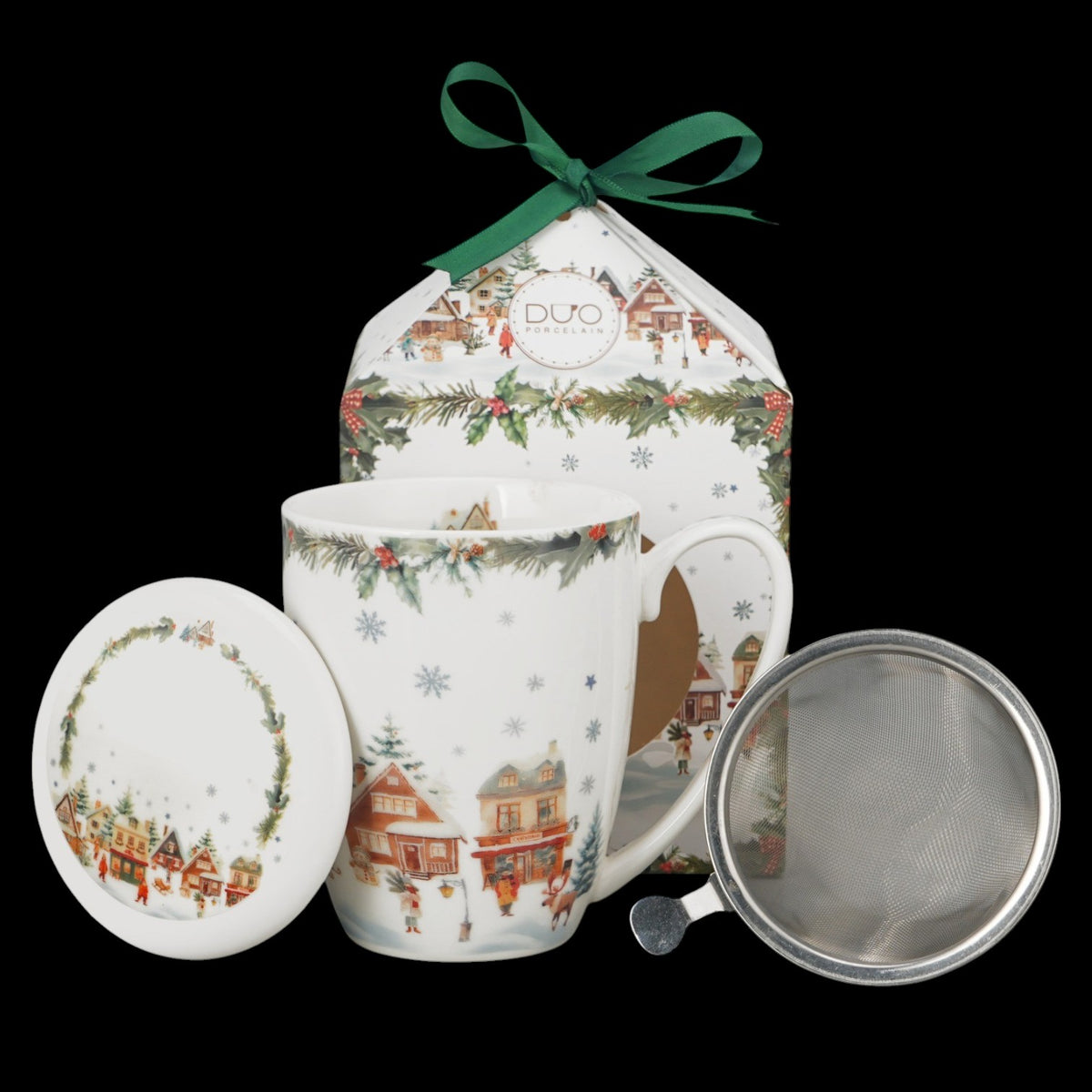Christmas Village Teebecher mit Deckel und Teesieb Weihnachtsdorf vintage Tasse