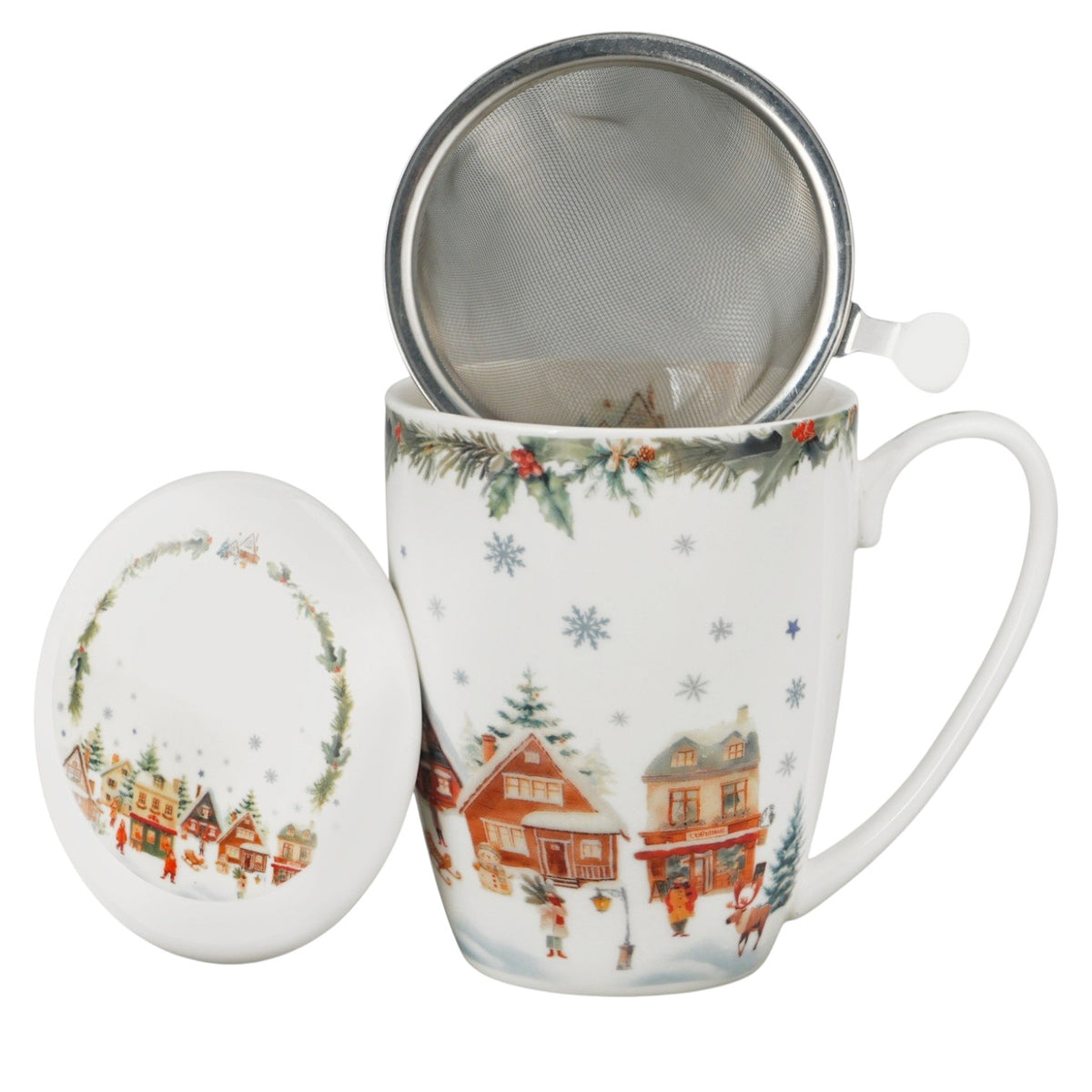 Christmas Village Teebecher mit Deckel und Teesieb Weihnachtsdorf vintage Tasse