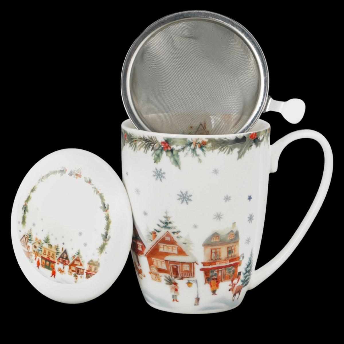Christmas Village Teebecher mit Deckel und Teesieb Weihnachtsdorf vintage Tasse