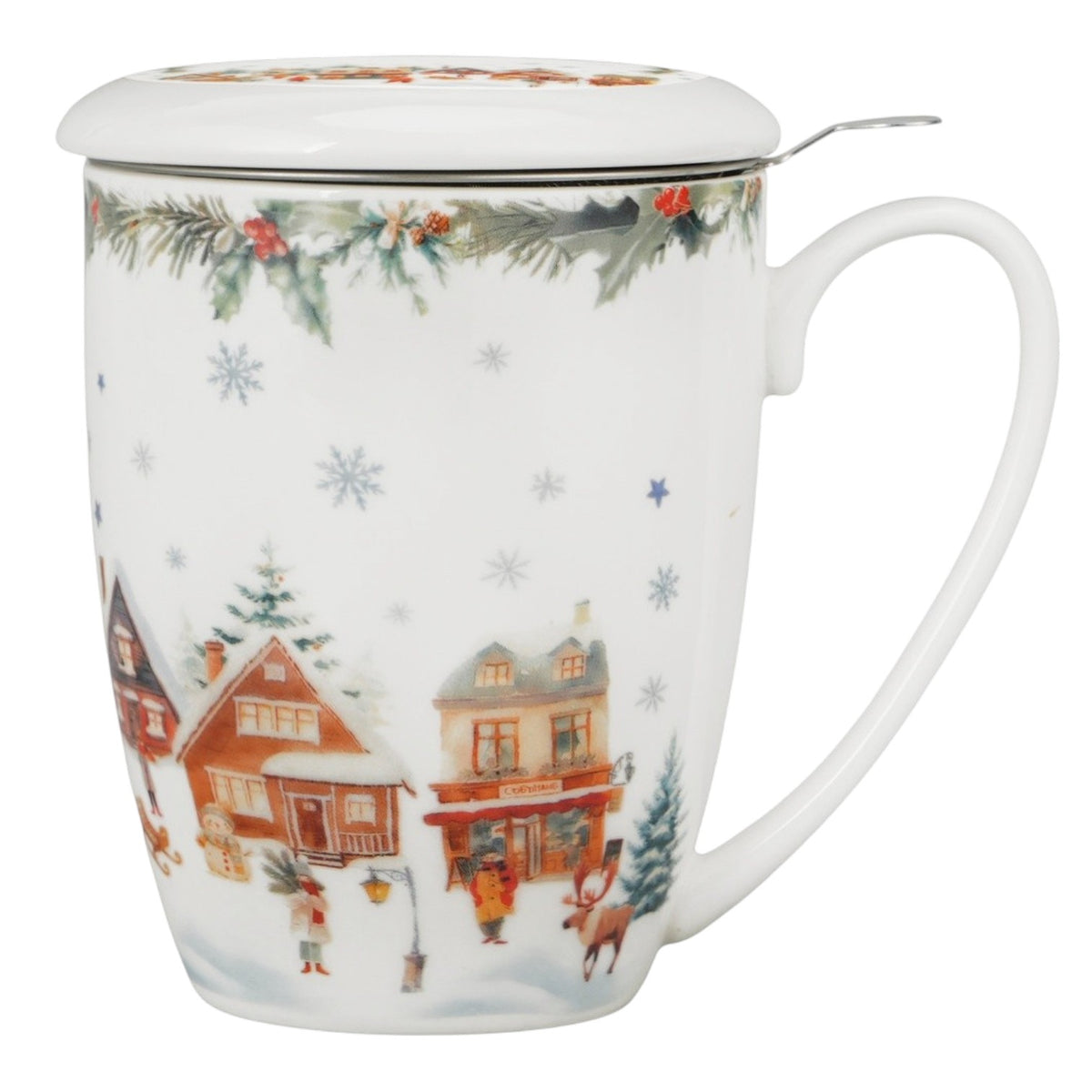 Christmas Village Teebecher mit Deckel und Teesieb Weihnachtsdorf vintage Tasse