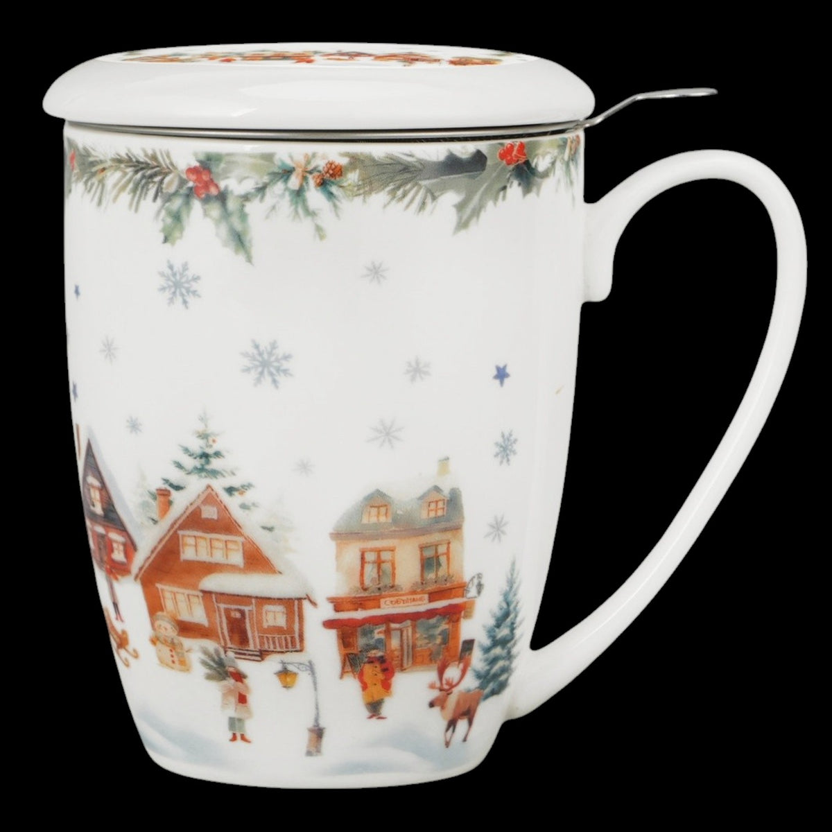 Christmas Village Teebecher mit Deckel und Teesieb Weihnachtsdorf vintage Tasse