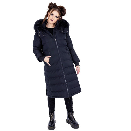 Gothic Lydia Damen-Steppmantel mit Kapuze und Kunstfell Schwarz