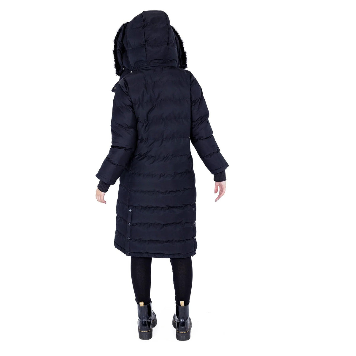 Gothic Lydia Damen-Steppmantel mit Kapuze und Kunstfell Schwarz