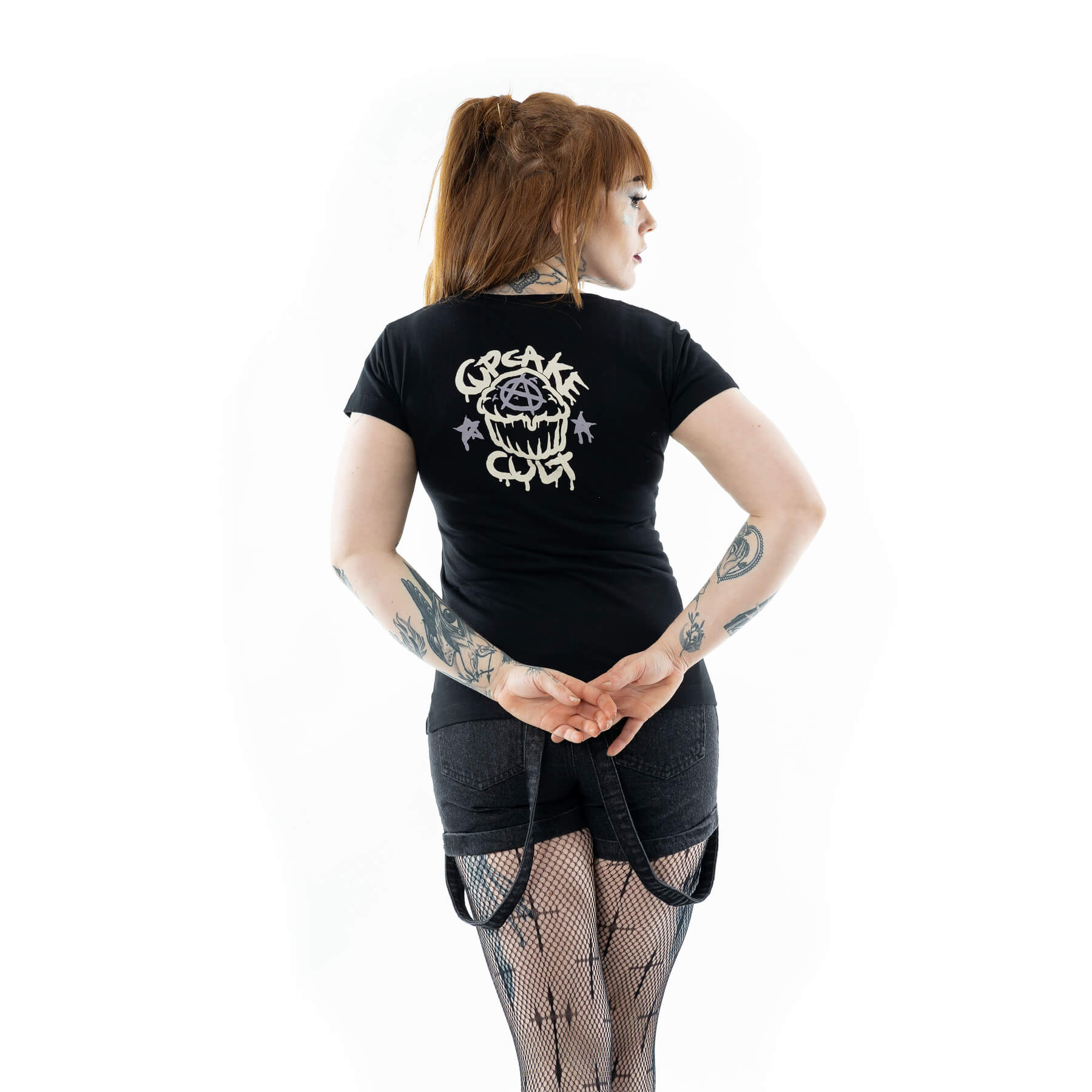 Moon Plushies T-Shirt – Detailansicht Katzen-Print türkis