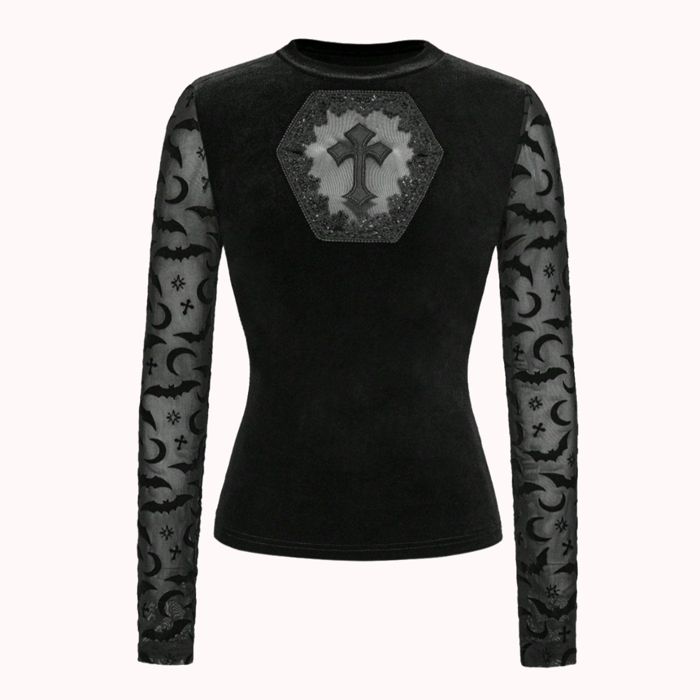 Gothic Samt Top mit Fledermäusen Netz und Kreuz Romwe