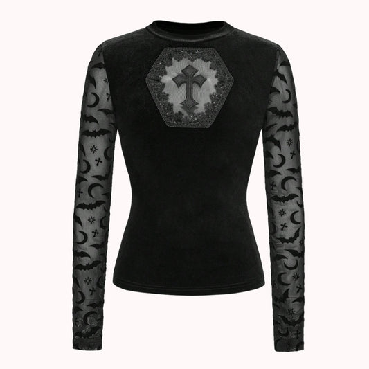 Gothic Samt Top mit Fledermäusen Netz und Kreuz Romwe