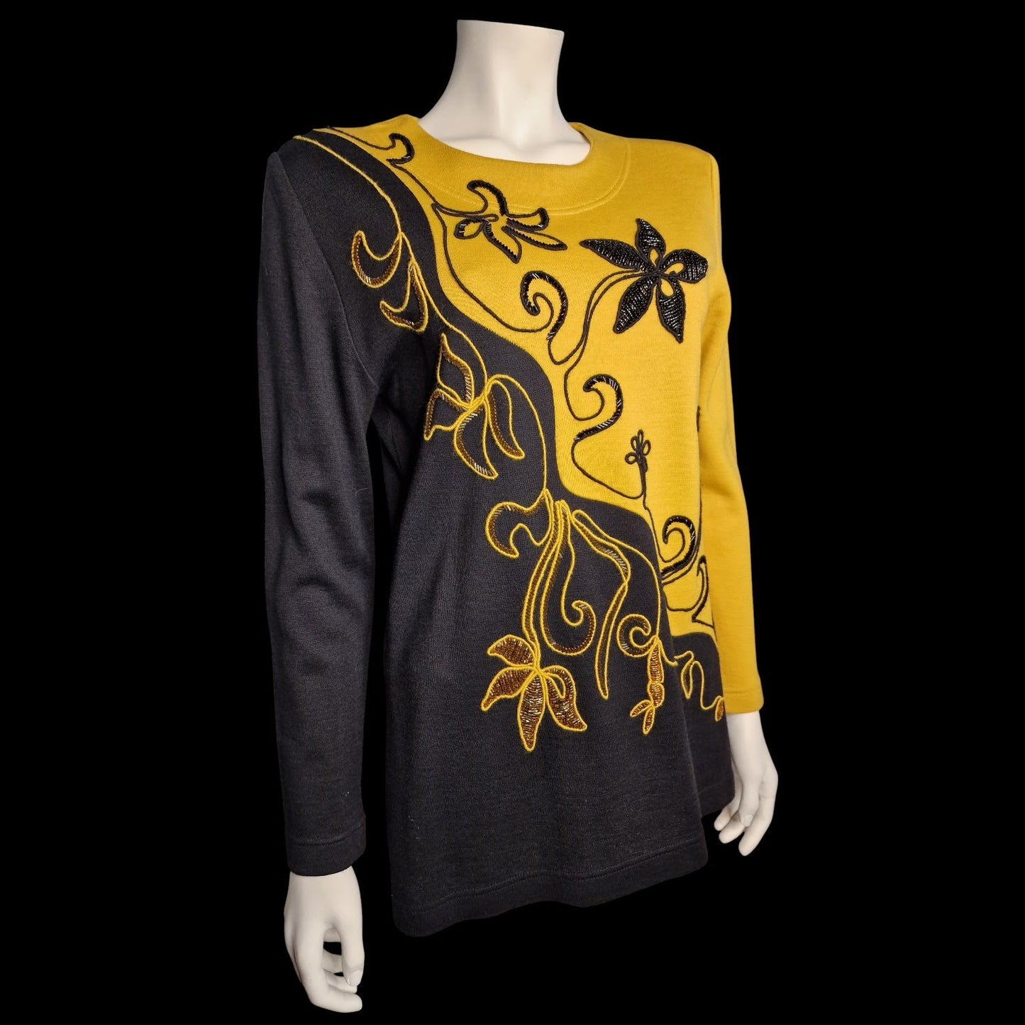 Anna Lugli Italian Designer Vintage Pullover Gelb-Schwarz mit Stickerei M/L