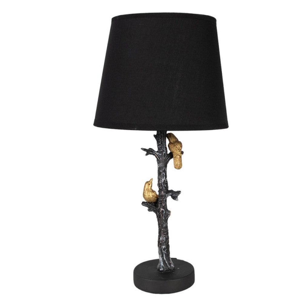Tischlampe vintage in schwarz-gold Vögel auf Ast 45 cm