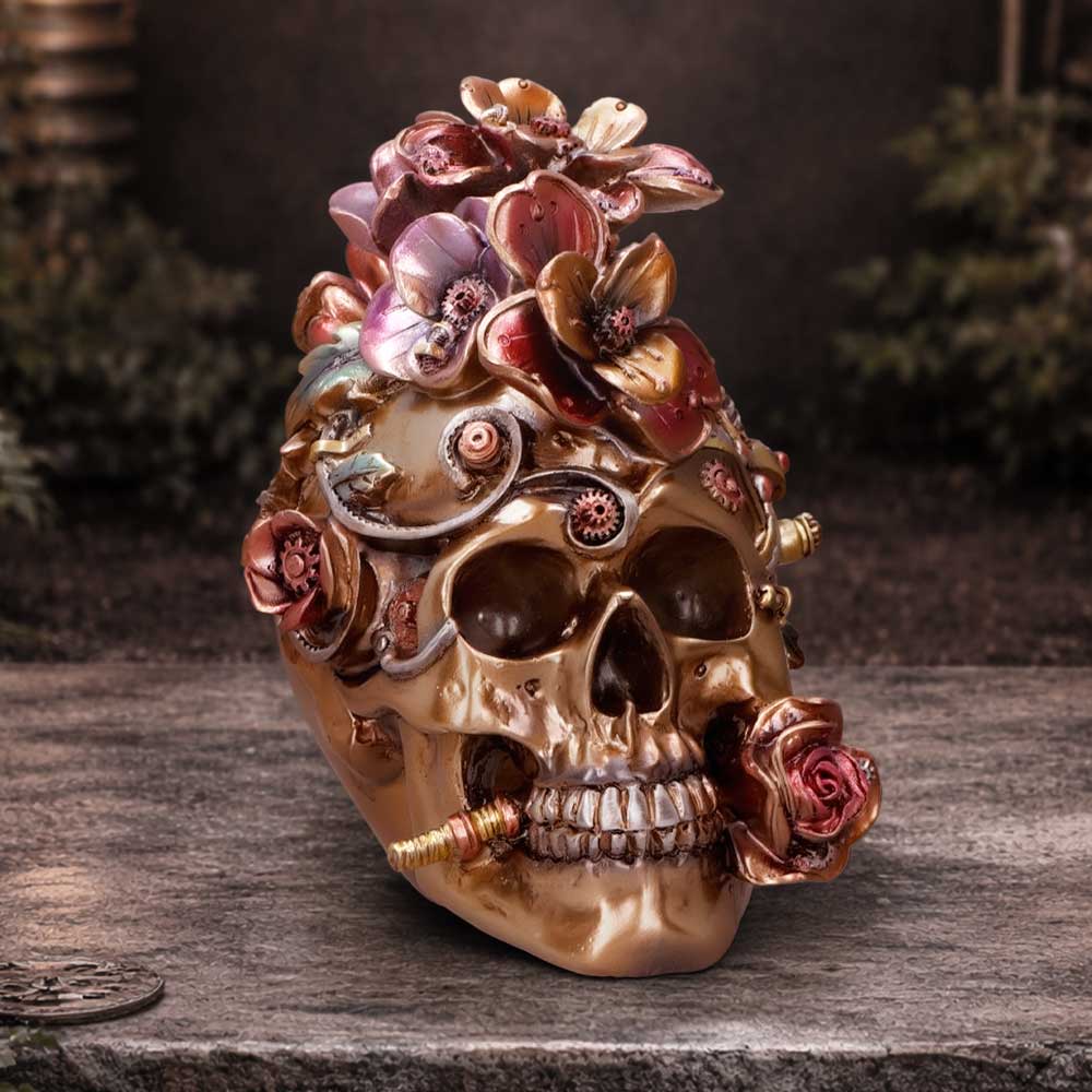Clockwork Bloom – Steampunk Totenschädel mit Blumen 16 cm Gothic Skull Deko