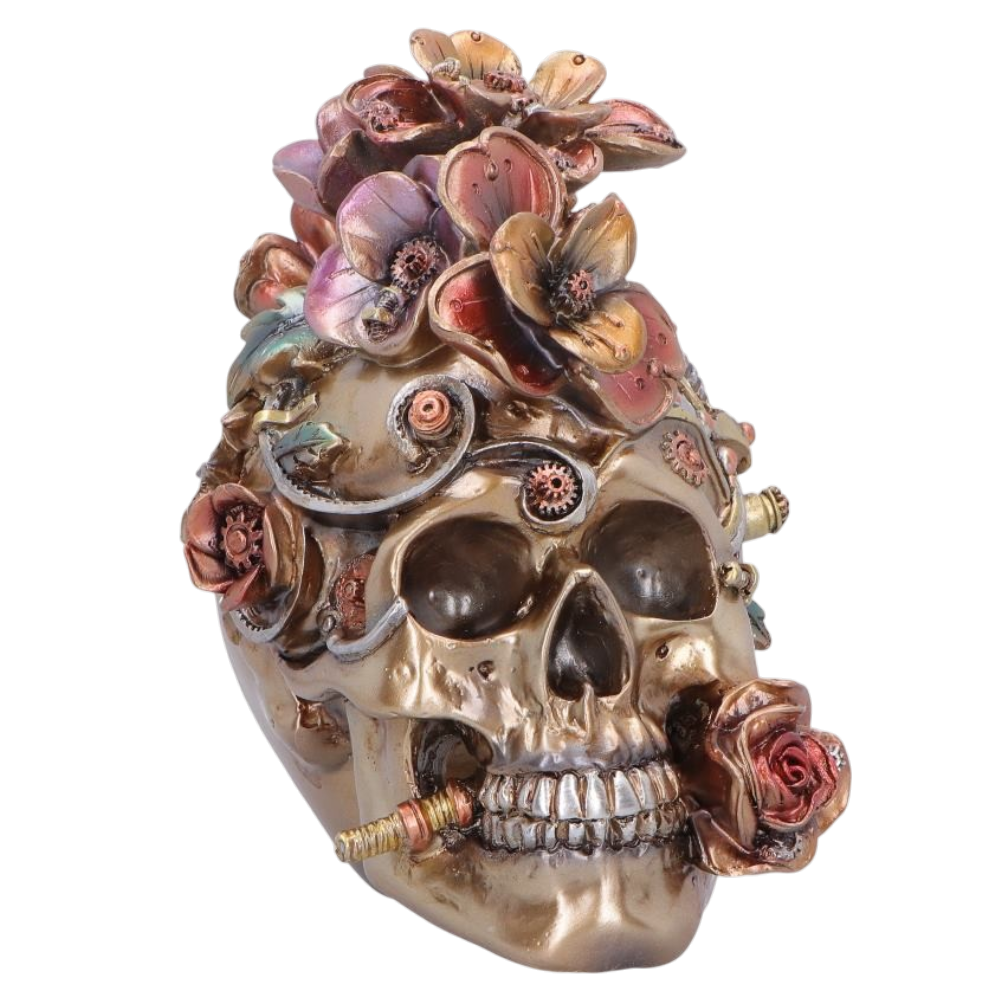 Clockwork Bloom – Steampunk Totenschädel mit Blumen 16 cm Gothic Skull Deko