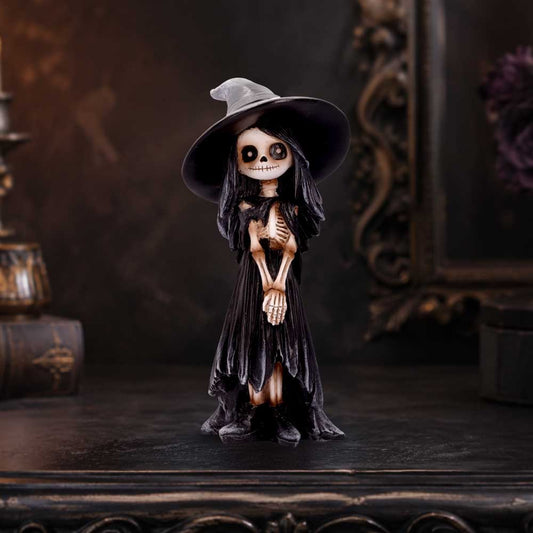 Süßes Halloween Skelett-Hexenmädchen stehend – Gothic Dekofigur 12,7 cm Witchy