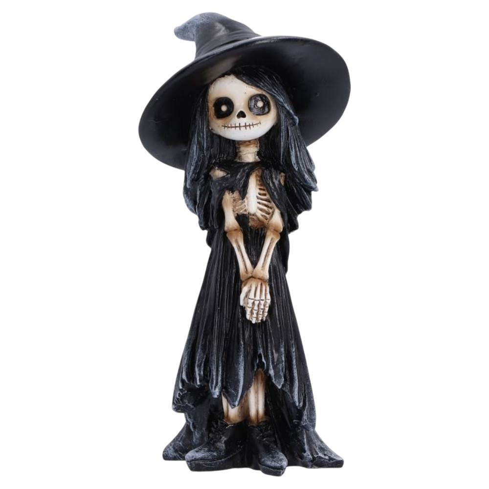 Süßes Halloween Skelett-Hexenmädchen stehend – Gothic Dekofigur 12,7 cm Witchy