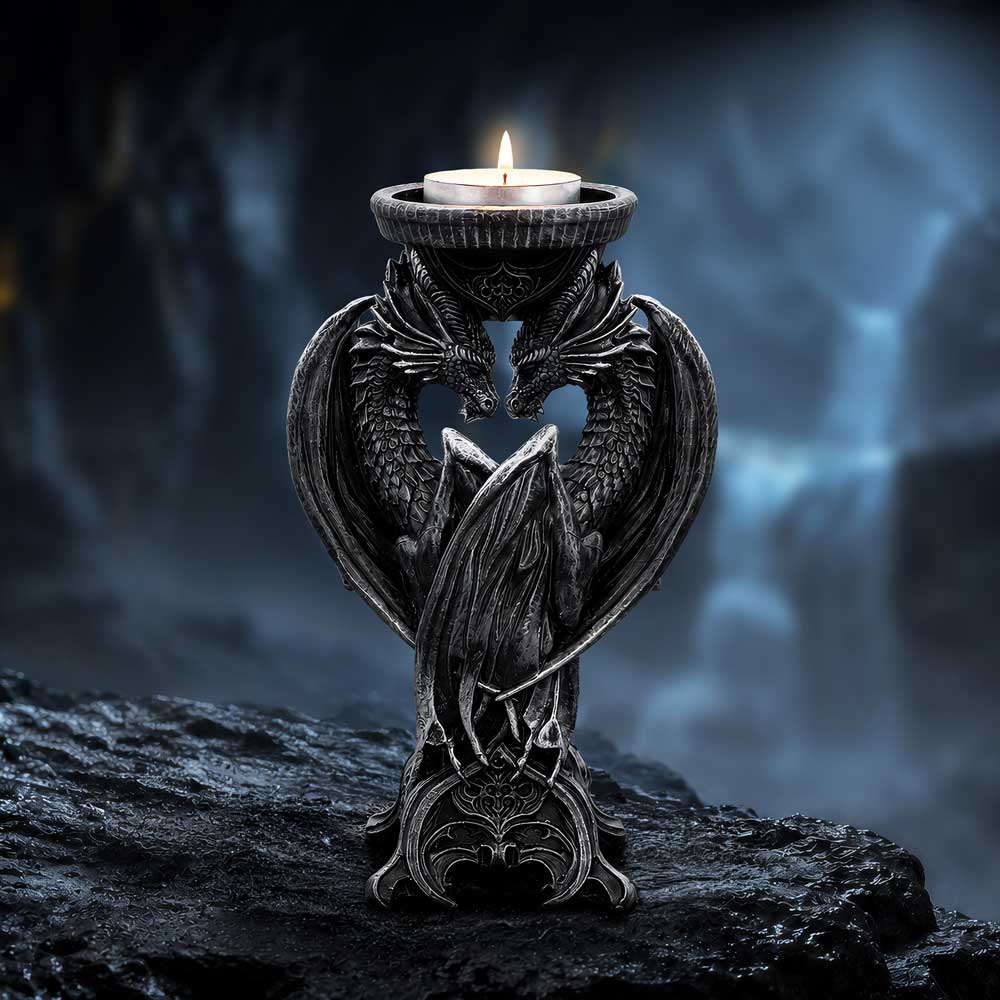 Double Dragon mystischer Gothic Drachen Teelichthalter 18,3 cm Dekofigur schwarz-silber