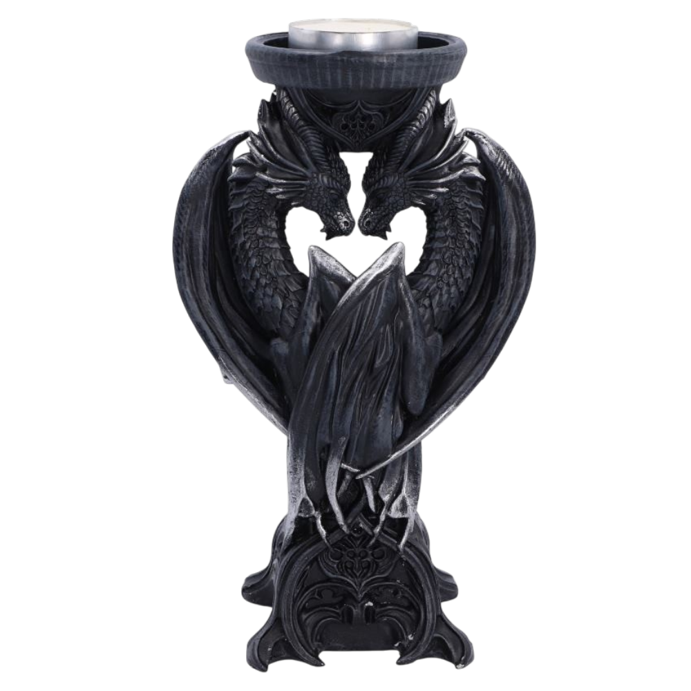 Double Dragon mystischer Gothic Drachen Teelichthalter 18,3 cm Dekofigur schwarz-silber