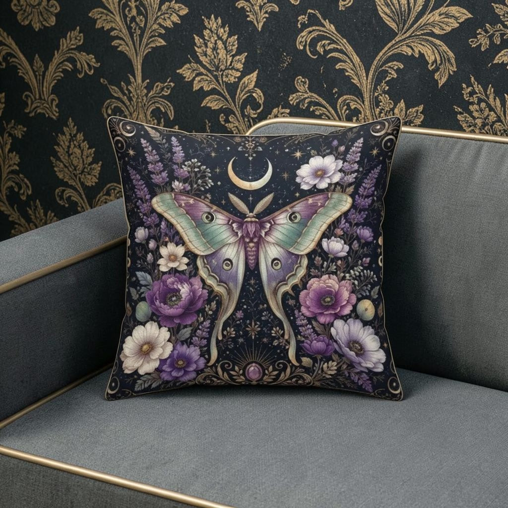Witchy Motten Gothic Kissen Dekokissen mit Füllkissen 45 x 45 cm schwarz-violett