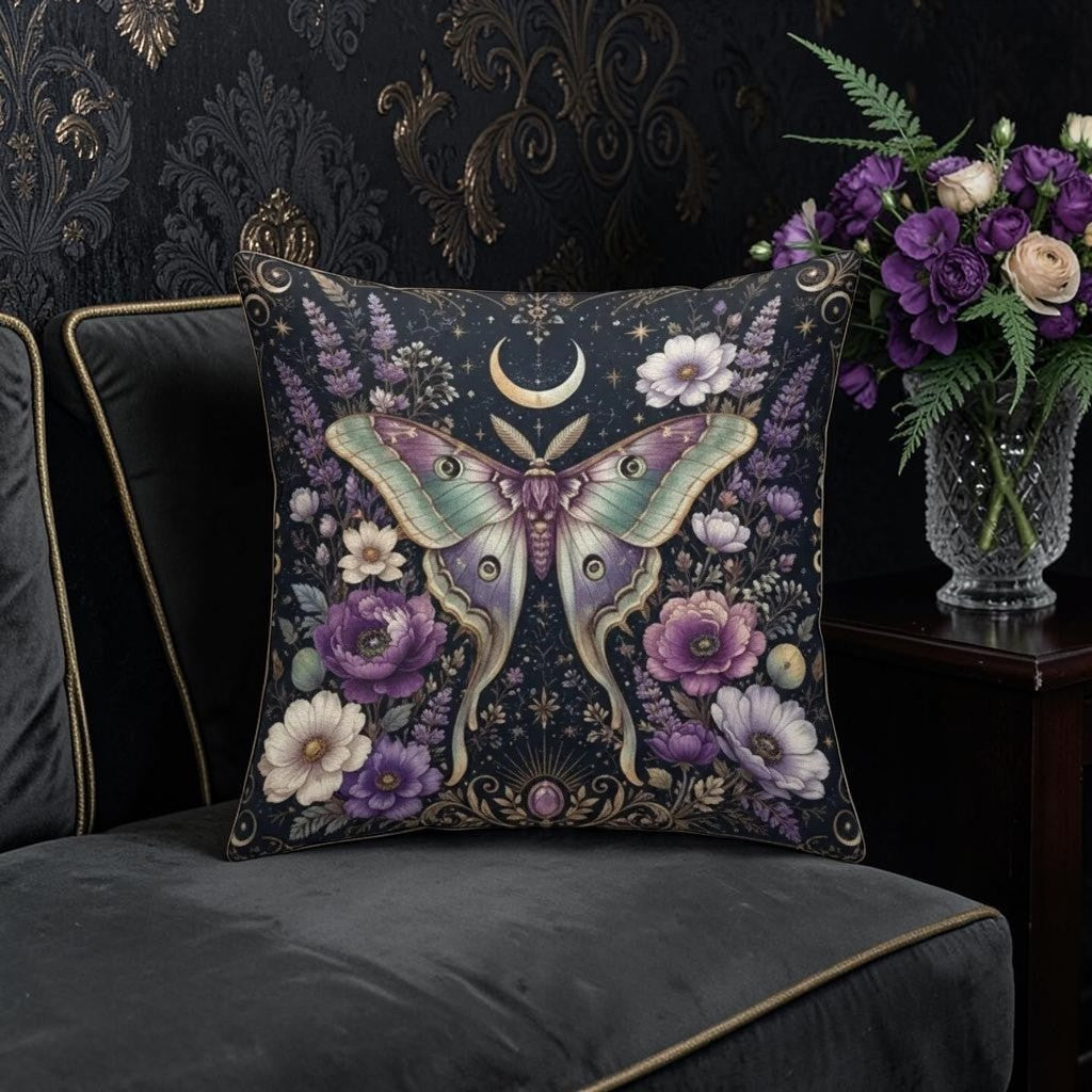 Witchy Motten Gothic Kissen Dekokissen mit Füllkissen 45 x 45 cm schwarz-violett