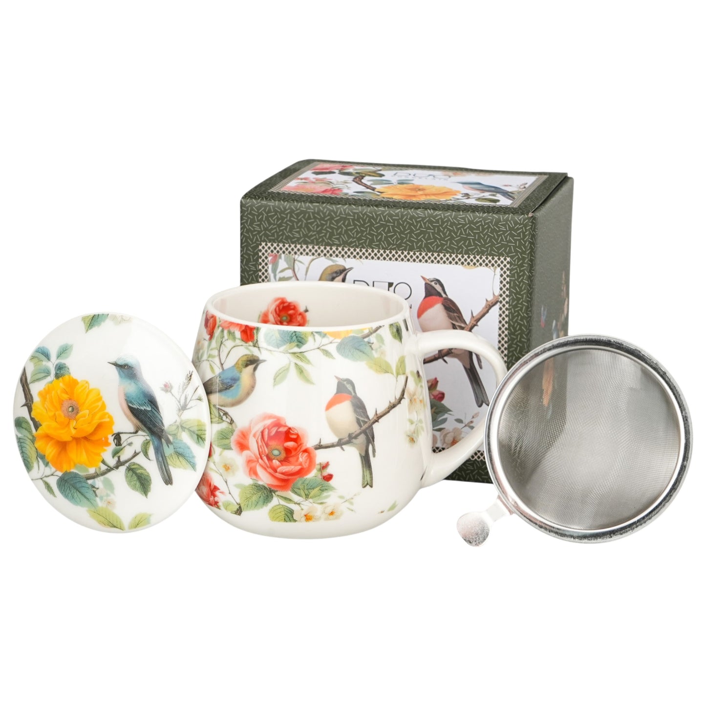 DUO Fassbecher Tee-Tasse Barrel April mit Deckel & Sieb (430 ml) Vögel